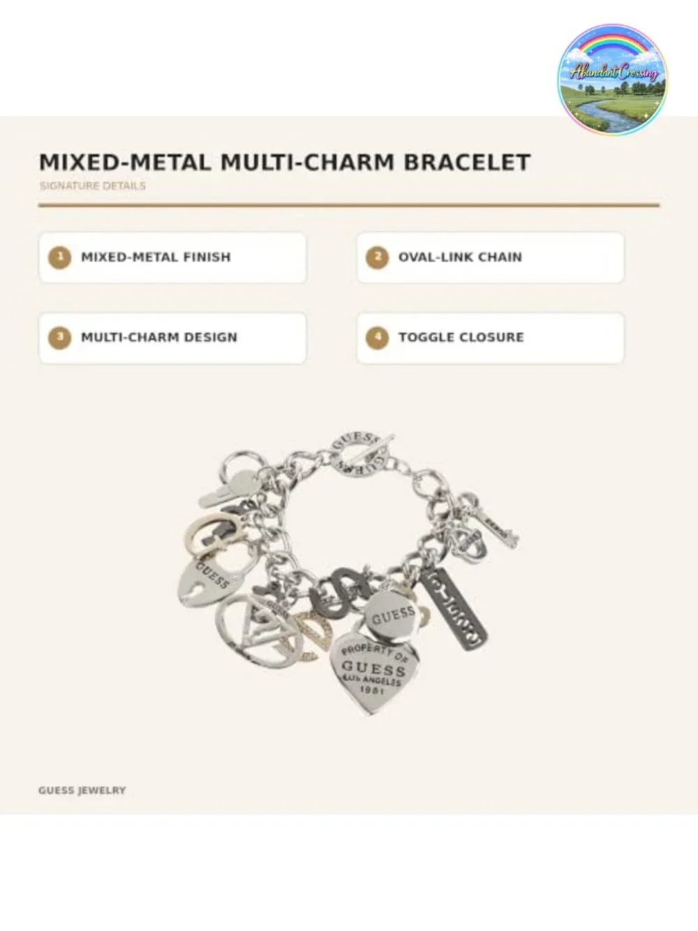 GUESS Logo Mixed Metal Link Charm Bracelet Toggle Clasp Silver Hematite